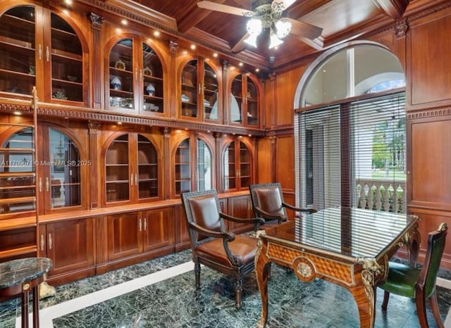 interior space featuring beamed ceiling, ceiling fan, and coffered ceiling