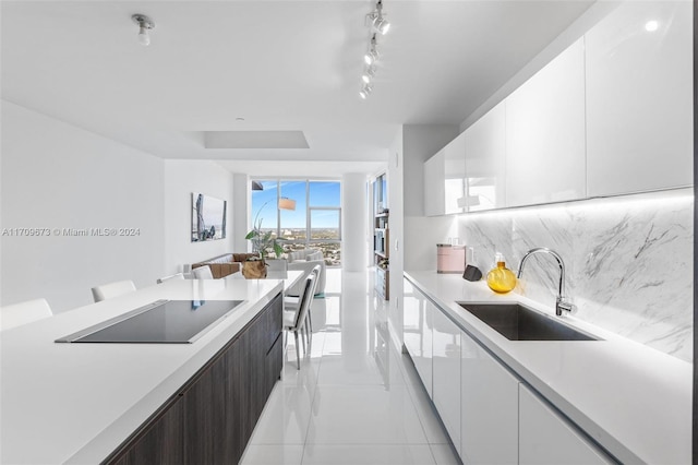 kitchen with dark brown cabinets, tasteful backsplash, white cabinetry, and sink