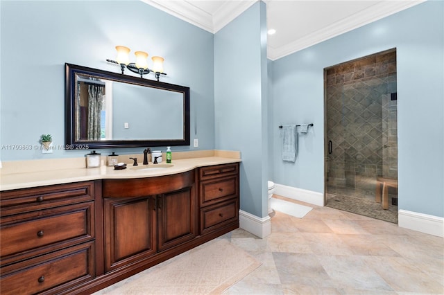 bathroom with vanity, toilet, an enclosed shower, and ornamental molding