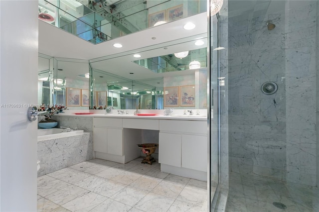 bathroom featuring shower with separate bathtub and vanity