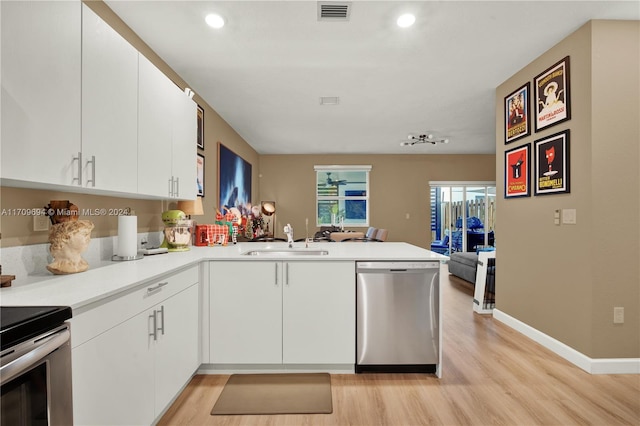 kitchen featuring sink, kitchen peninsula, light hardwood / wood-style flooring, white cabinetry, and stainless steel appliances