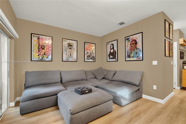 living room featuring a textured ceiling and light hardwood / wood-style flooring