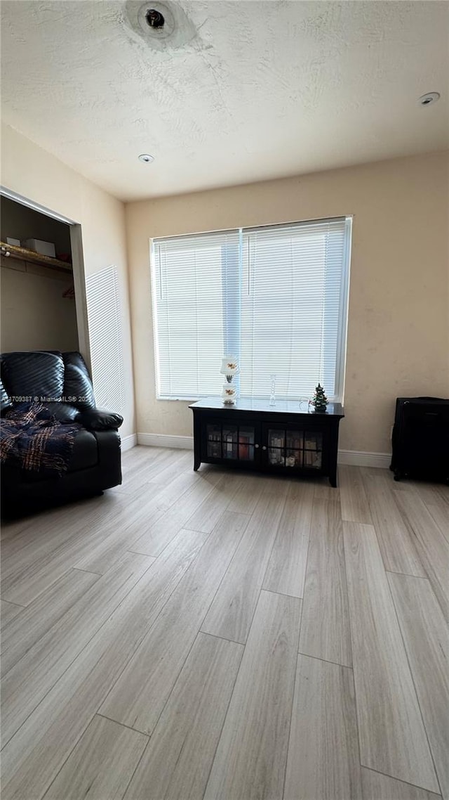 living room featuring a textured ceiling and light wood-type flooring