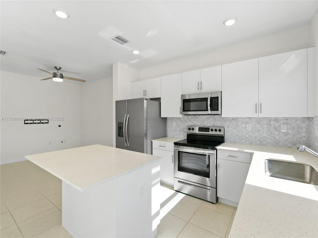 kitchen featuring decorative backsplash, stainless steel appliances, sink, white cabinets, and a kitchen island