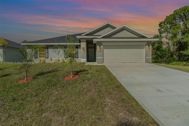 single story home featuring a garage, stucco siding, concrete driveway, and a front yard