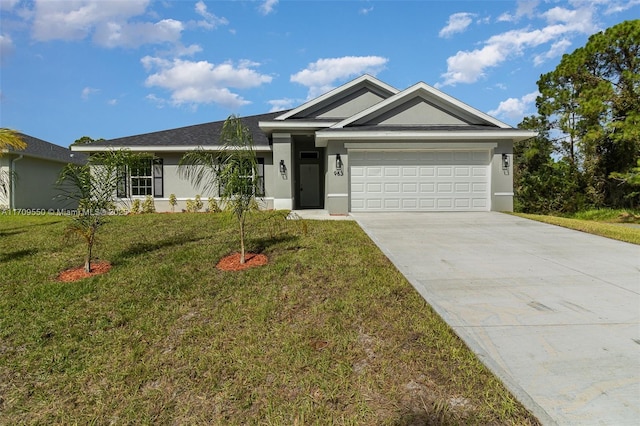 ranch-style house featuring stucco siding, driveway, an attached garage, and a front lawn