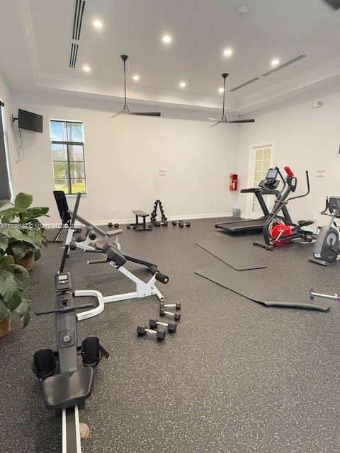 exercise room featuring a raised ceiling