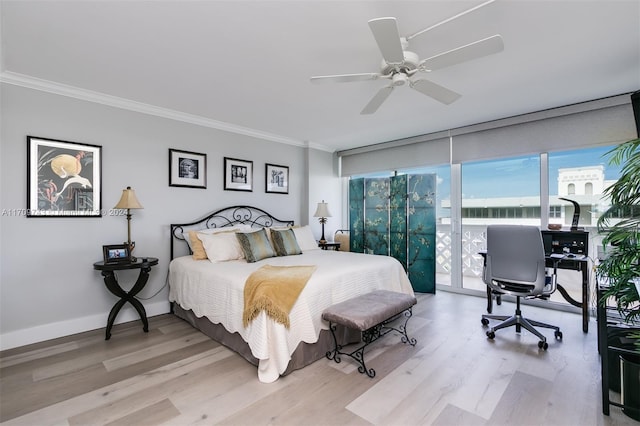 bedroom featuring access to outside, ceiling fan, light hardwood / wood-style flooring, and ornamental molding