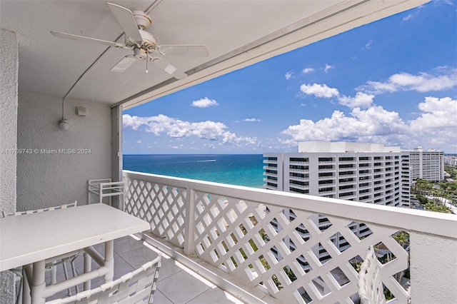 balcony with ceiling fan and a water view