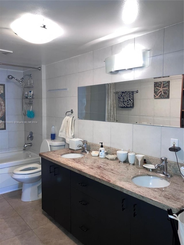 full bathroom featuring decorative backsplash, tile patterned floors, shower / tub combo with curtain, and tile walls