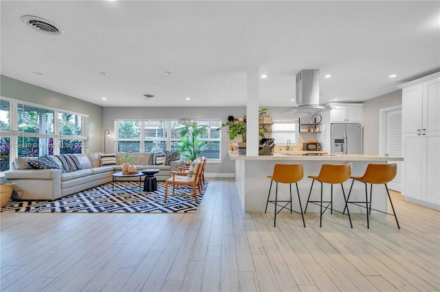 living room featuring plenty of natural light, light wood-type flooring, and sink