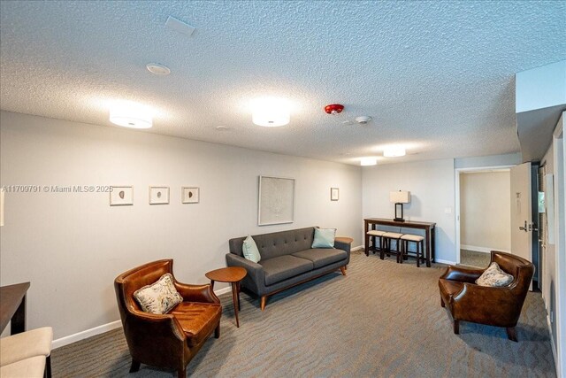 carpeted living room with a textured ceiling