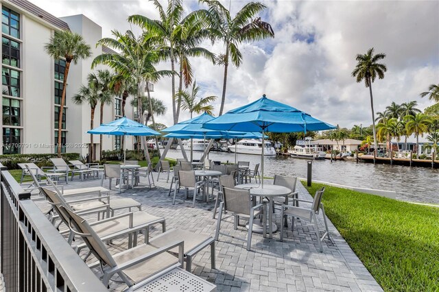 view of patio / terrace featuring a water view