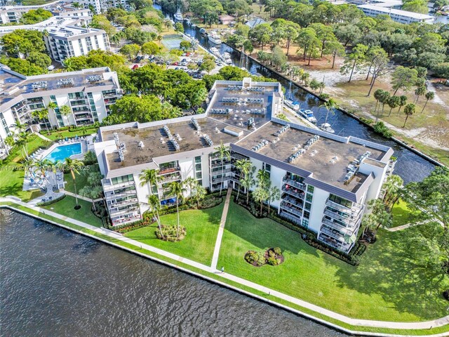 drone / aerial view with a water view