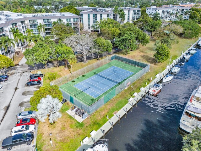 bird's eye view with a water view