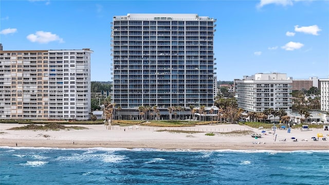 view of swimming pool featuring a water view and a beach view