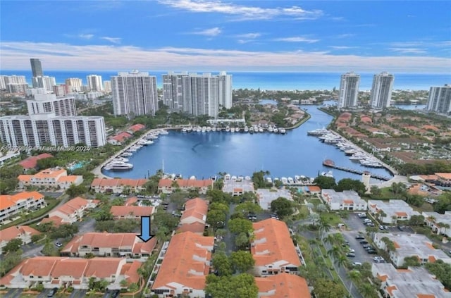 drone / aerial view featuring a view of city and a water view