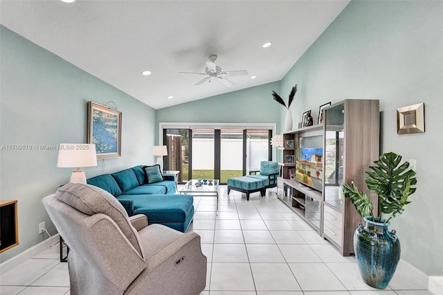 living area featuring light tile patterned floors, baseboards, lofted ceiling, recessed lighting, and ceiling fan