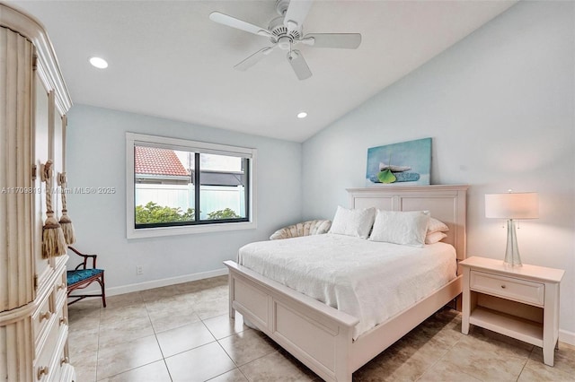 bedroom featuring recessed lighting, a ceiling fan, baseboards, and vaulted ceiling