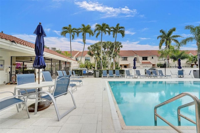 view of swimming pool with a residential view, fence, and a patio area