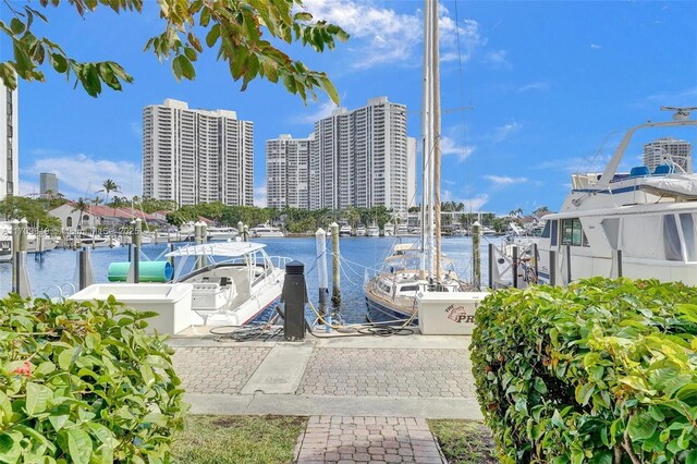 view of pool with a dock and a water view