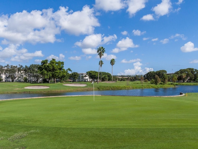 view of home's community featuring a lawn and a water view