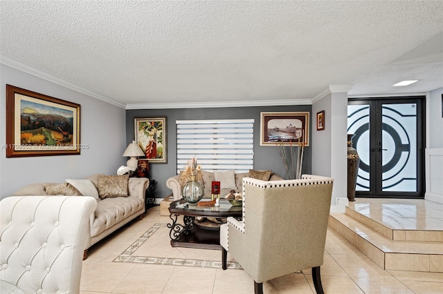 living area featuring a textured ceiling, french doors, crown molding, and tile patterned floors