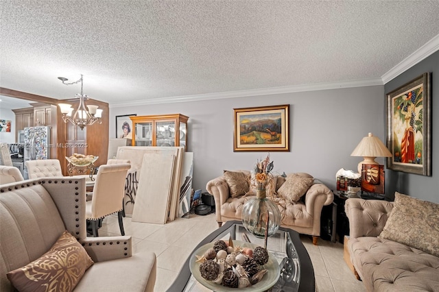 living room with light tile patterned floors, crown molding, a textured ceiling, and a notable chandelier