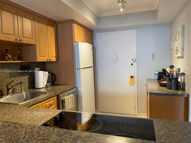 kitchen featuring sink, black range oven, stainless steel dishwasher, white refrigerator, and a tray ceiling