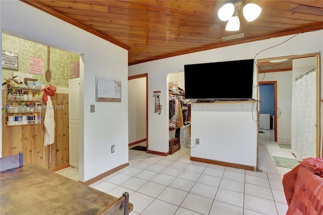 tiled living room featuring ornamental molding and wood ceiling