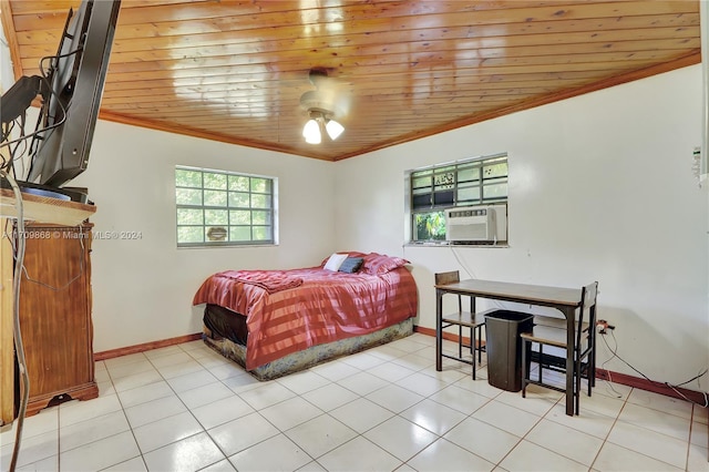 tiled bedroom featuring crown molding, cooling unit, wooden ceiling, and ceiling fan