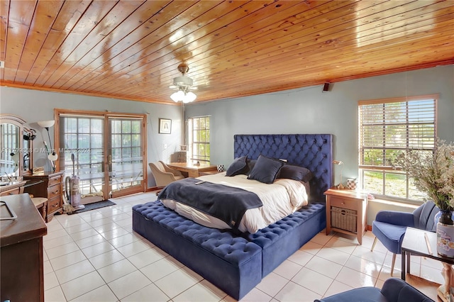 bedroom with access to exterior, ornamental molding, ceiling fan, wooden ceiling, and light tile patterned flooring