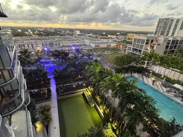 view of aerial view at dusk