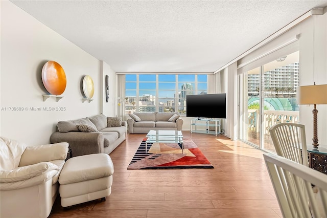 living room with plenty of natural light, a textured ceiling, and light wood-type flooring