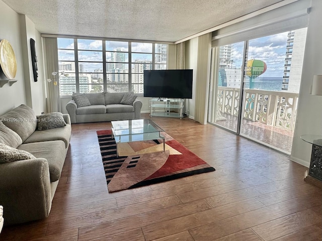 living room with hardwood / wood-style flooring, expansive windows, and a textured ceiling