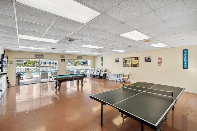 playroom with plenty of natural light, a drop ceiling, and billiards