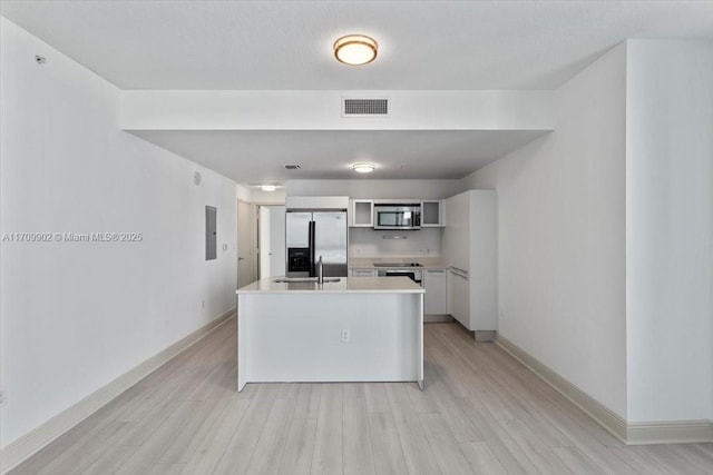 kitchen featuring electric panel, sink, an island with sink, white cabinetry, and stainless steel appliances