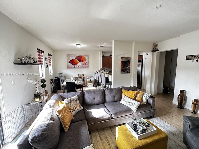 living room with wood-type flooring and a textured ceiling