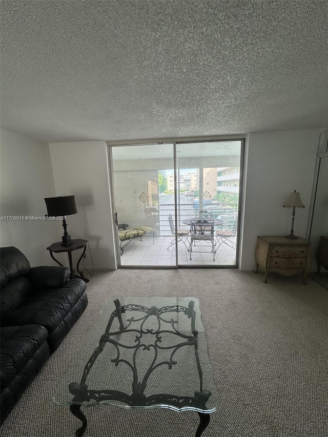 carpeted living room featuring a textured ceiling and a wall of windows