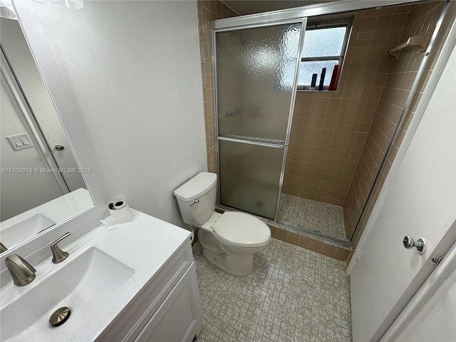 full bath with a shower stall, toilet, and vanity