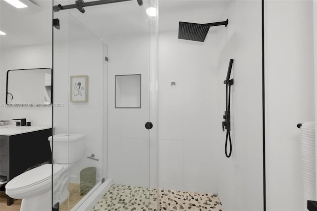 bathroom with vanity, toilet, and a tile shower