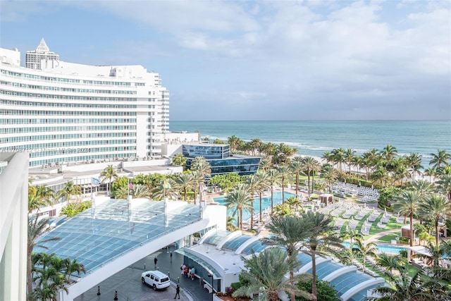 birds eye view of property featuring a water view