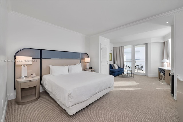 bedroom featuring crown molding and light colored carpet