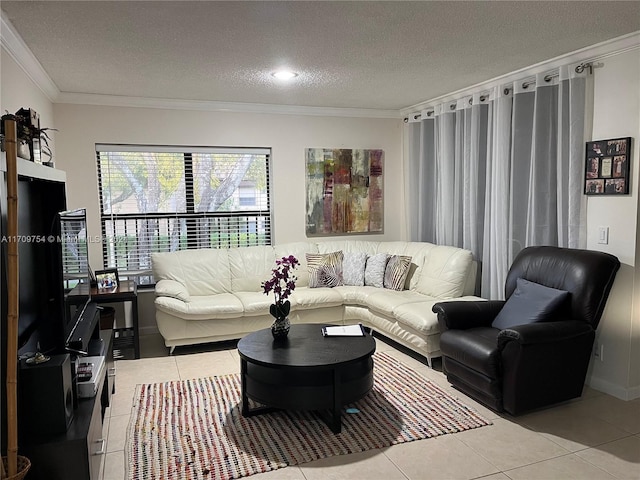 tiled living room with a textured ceiling and crown molding