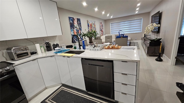 kitchen featuring white cabinets, stainless steel dishwasher, electric range, light stone countertops, and light tile patterned floors