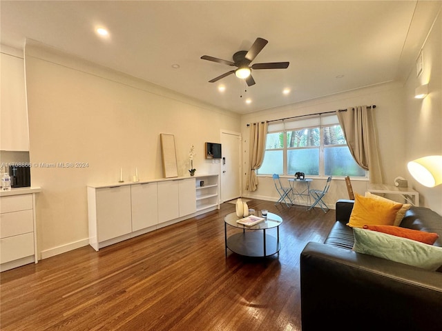 living room featuring ceiling fan, ornamental molding, and dark wood-type flooring