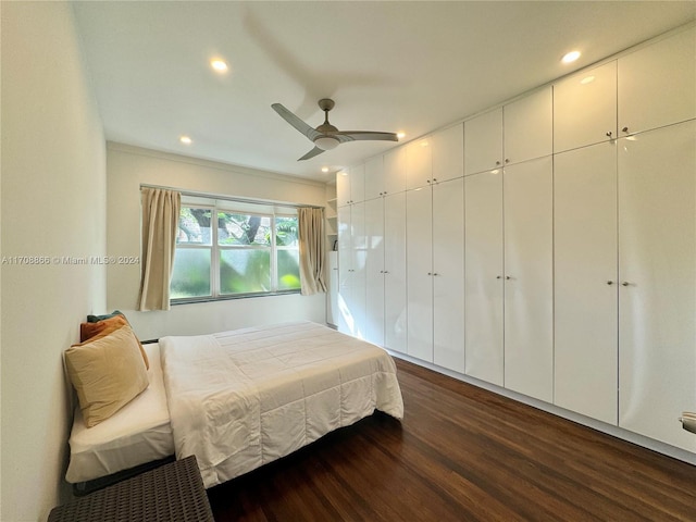 bedroom featuring dark hardwood / wood-style floors and ceiling fan