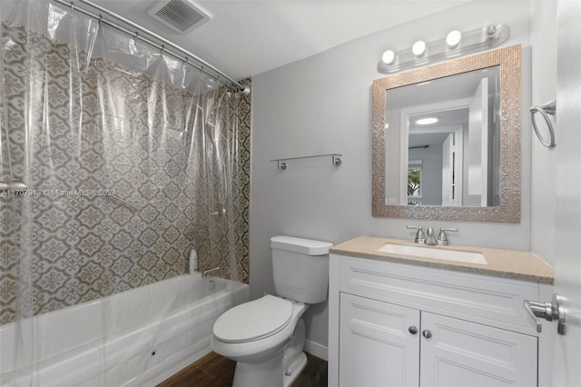 full bathroom with toilet, vanity, shower / bath combo, and hardwood / wood-style flooring