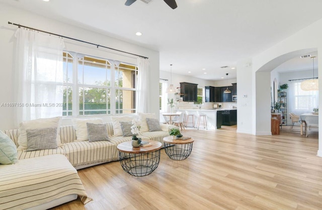 living room featuring ceiling fan, a wealth of natural light, and light hardwood / wood-style flooring