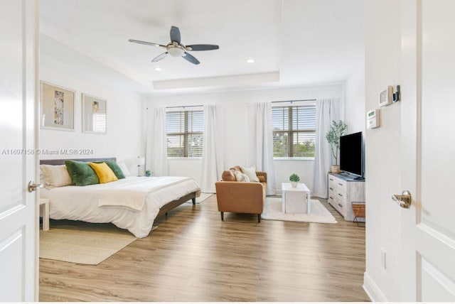 bedroom with hardwood / wood-style flooring, ceiling fan, a tray ceiling, and multiple windows